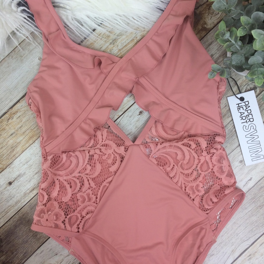 Paper Heart Swim Pink Lace One-Piece Swimsuit NWT
